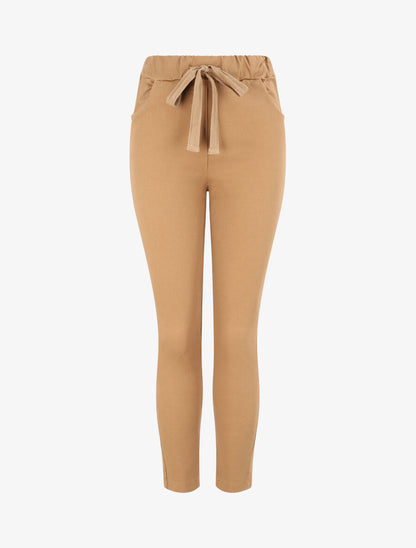 Pantalon slim uni à taille haute élastiquée - Camel - 1