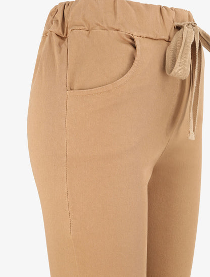 Pantalon slim uni à taille haute élastiquée - Camel - 3
