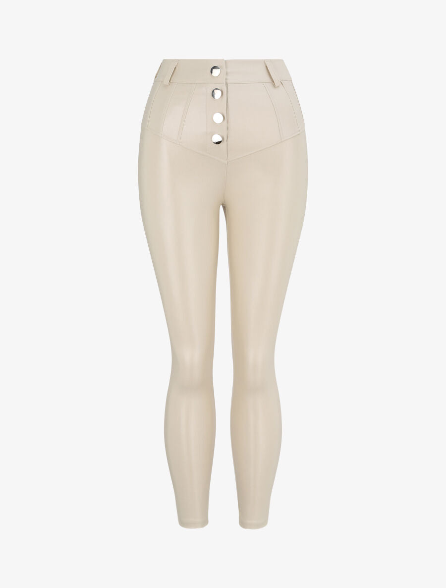 Pantalon ciré slim uni - Beige - 1