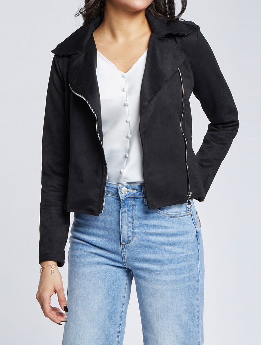 Veste en suédine à zip asymétrique - Noir - 4