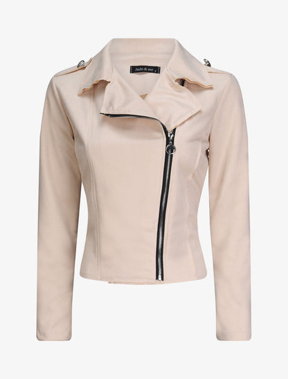 Veste en suédine à zip asymétrique - Beige - 1