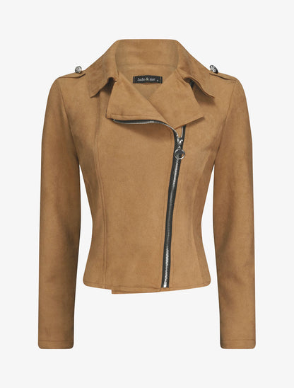 Veste en suédine à zip asymétrique - Camel - 4