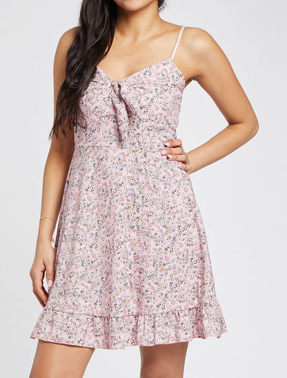 Robe courte empire fleurie à noeud - Rose pâle - 4