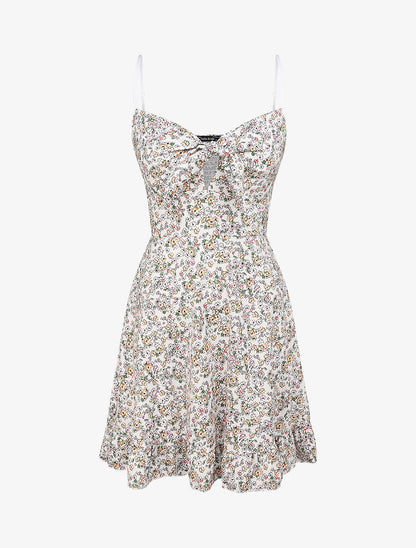 Robe courte empire fleurie à noeud - Blanc - 1