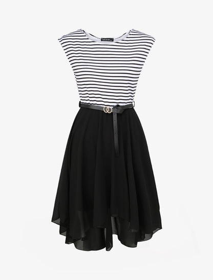 Robe patineuse rayée asymétrique à col rond - Noir - 5