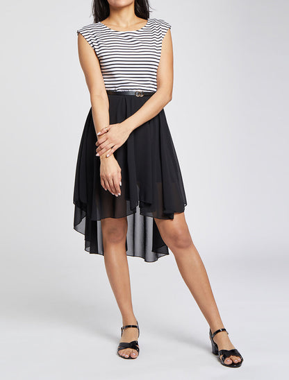 Robe patineuse rayée asymétrique à col rond - Noir - 4