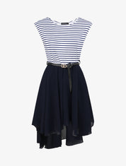 Robe patineuse rayée asymétrique à col rond - Marine - 1