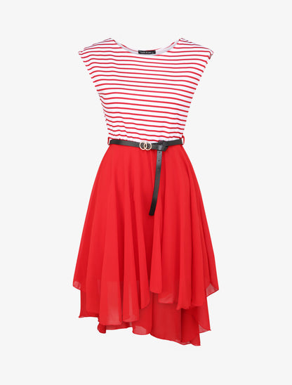 Robe patineuse rayée asymétrique à col rond - Rouge - 4