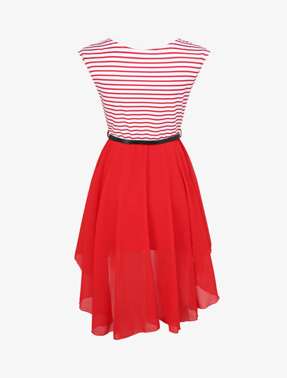 Robe patineuse rayée asymétrique à col rond - Rouge - 2