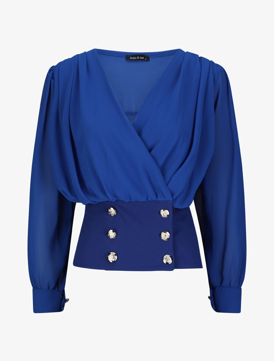 Blouse cache-coeur à boutons stylisés - Bleu roi - 1