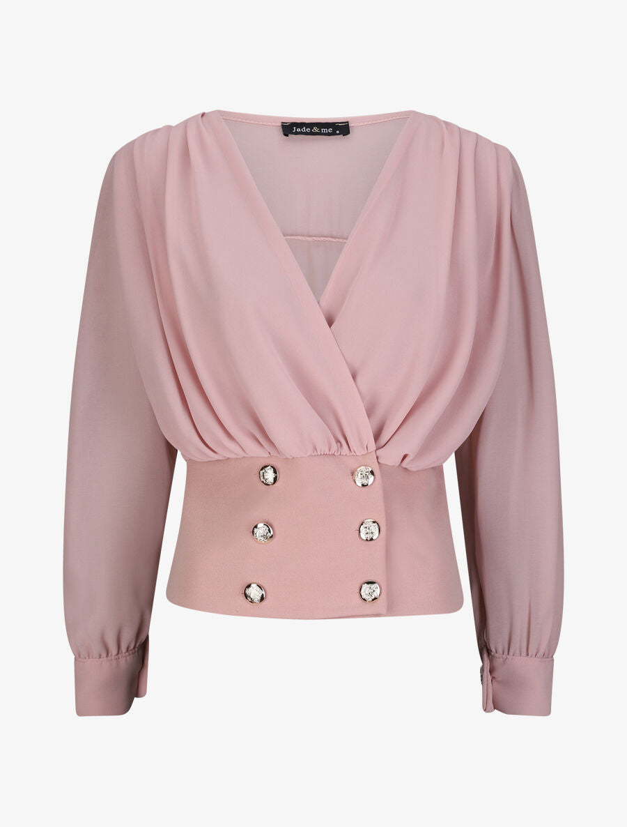 Blouse cache-coeur à boutons stylisés - Rose - 1