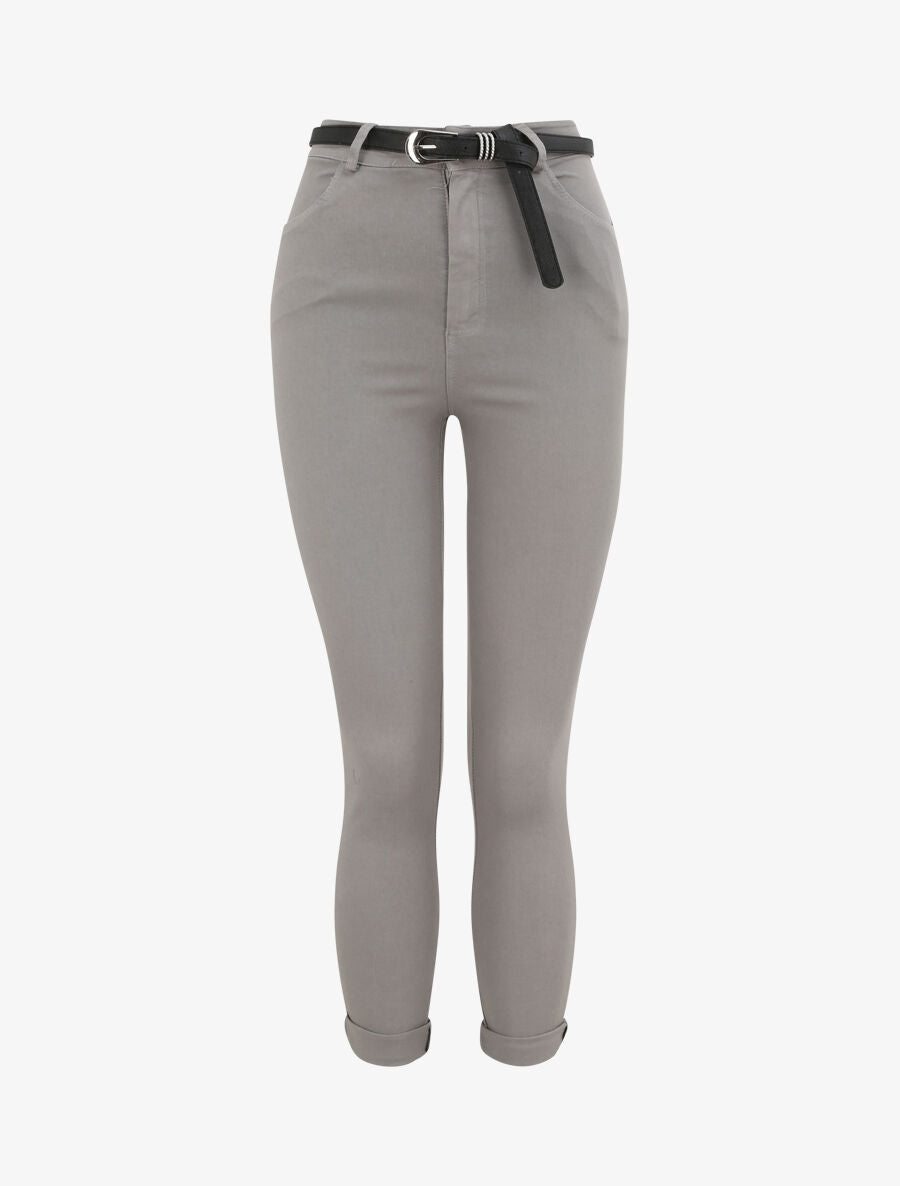 Pantalon uni à revers - Gris - 1