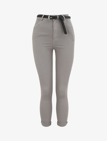 Pantalon uni à revers - Gris - 1