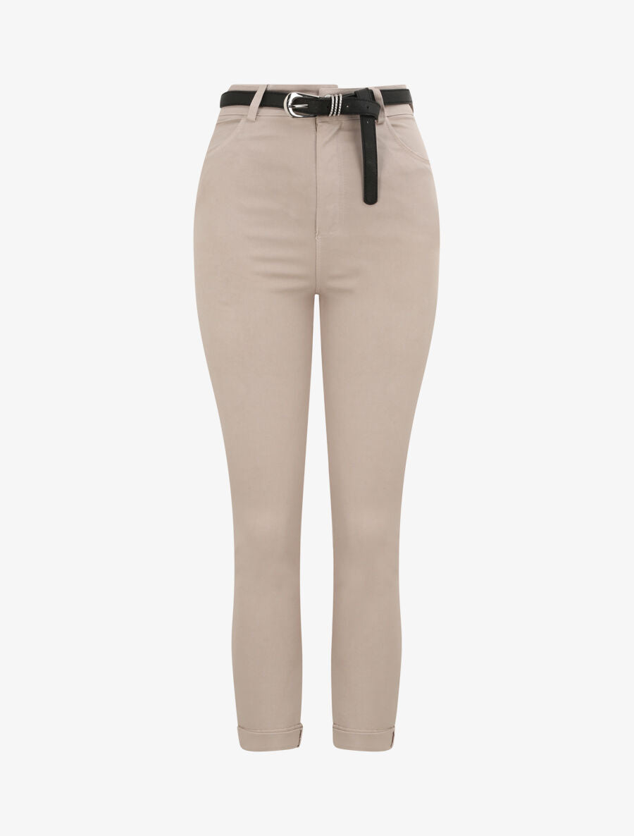 Pantalon uni à revers - Beige - 1