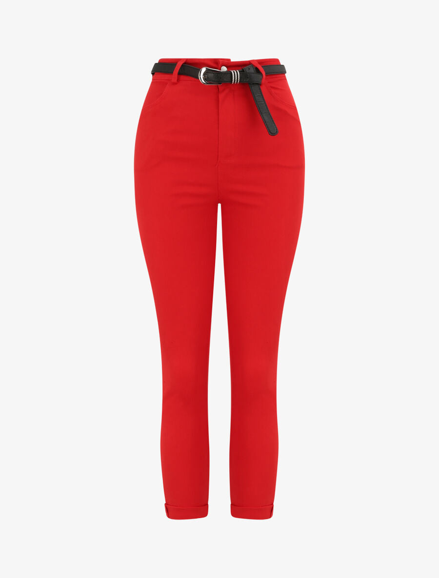 Pantalon uni à revers - Rouge - 4