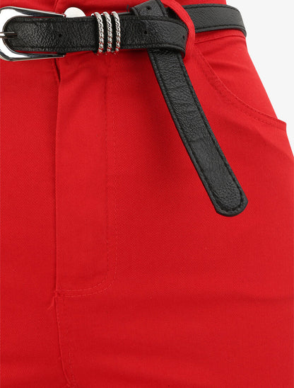 Pantalon uni à revers - Rouge - 3