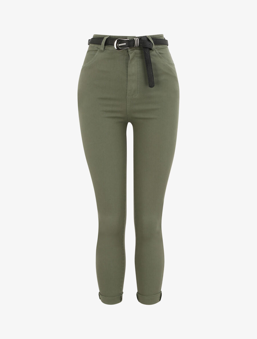 Pantalon uni à revers - Kaki - 1