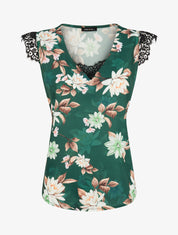 Top satiné imprimé fleurs de lotus à détail dentelle - Vert émeraude - 1