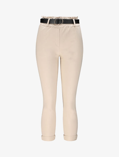 Pantalon paper bag uni avec ceinture - Beige - 4