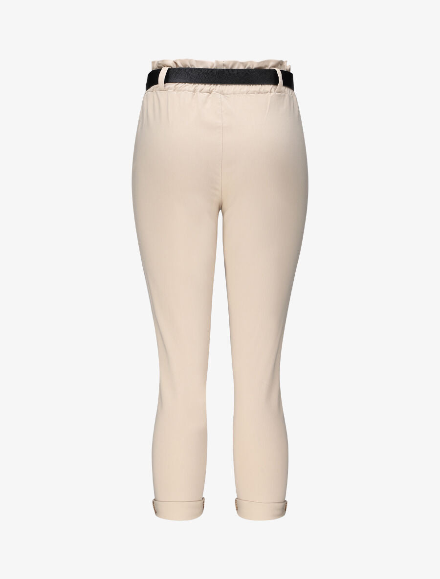 Pantalon paper bag uni avec ceinture - Beige - 2