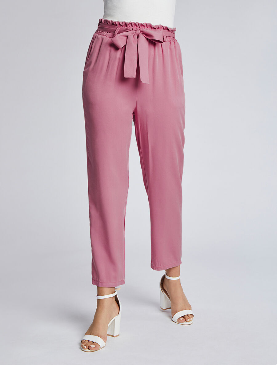 Pantalon fluide paper bag coupe droite - Mauve - 4