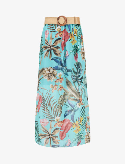 Jupe longue en voile imprimé fleurs tropicales - Bleu turquoise - 5