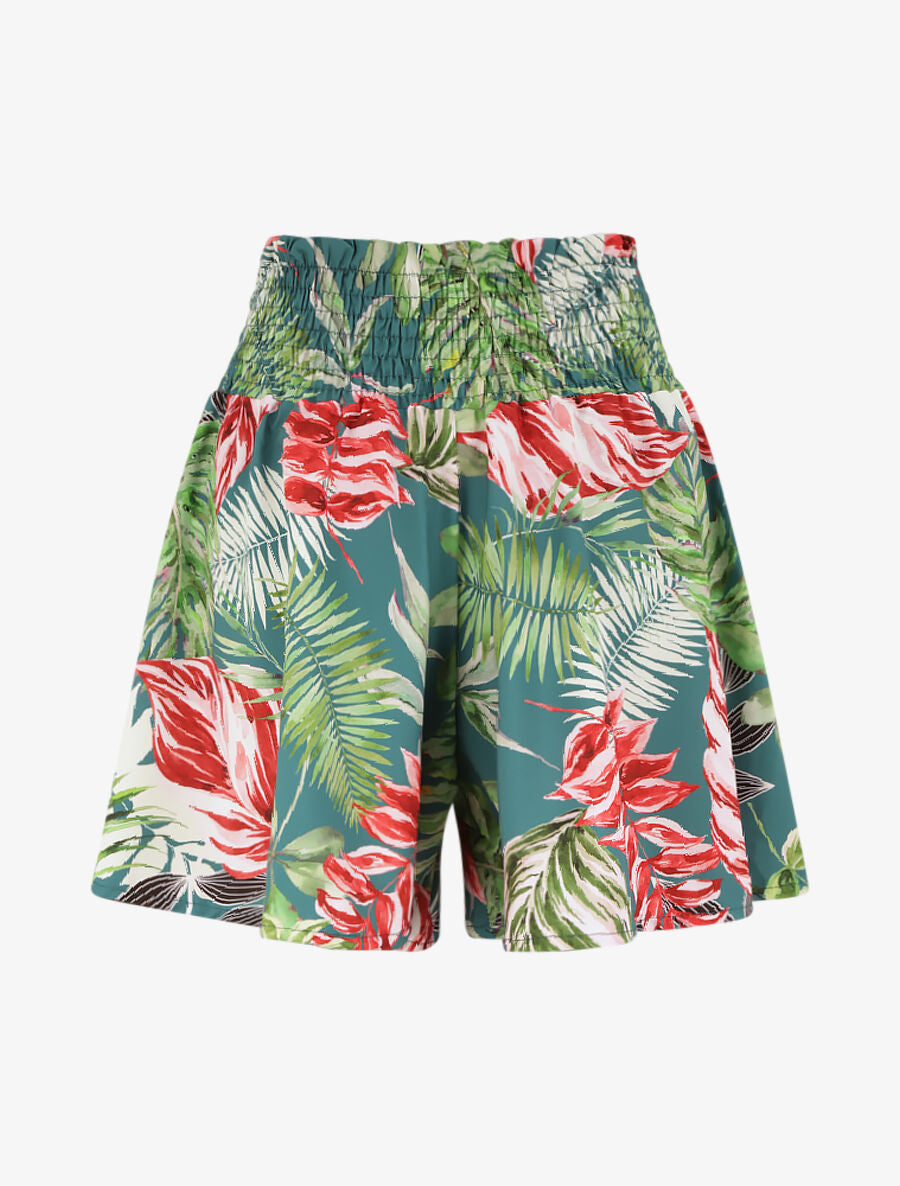 Short fluide évasé à imprimé tropical - Bleu canard - 2