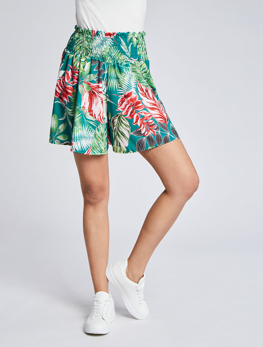 Short fluide évasé à imprimé tropical - Bleu canard - 4