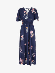 Robe longue imprimé fleurs de printemps à manches papillon - Marine - 1