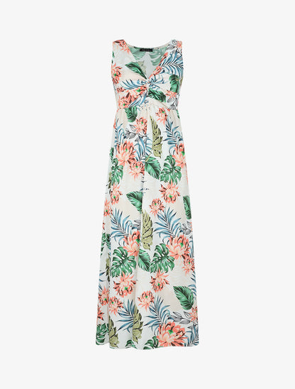 Robe longue col V torsadé imprimé tropical - Blanc - 1