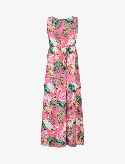 Robe longue col V torsadé imprimé tropical - Rose - 2