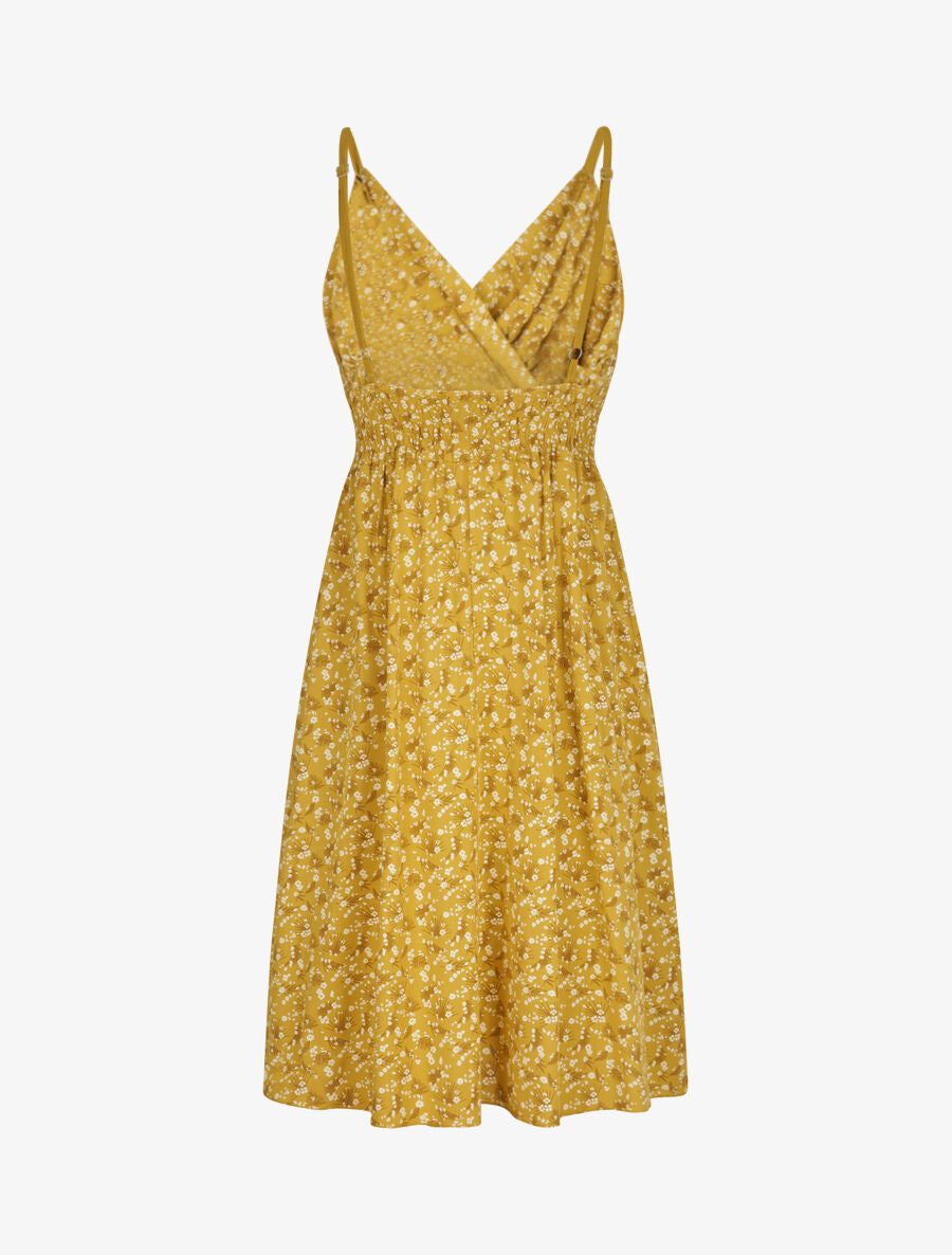 Robe empire mi-longue imprimé fleurs des champs - Moutarde - 2