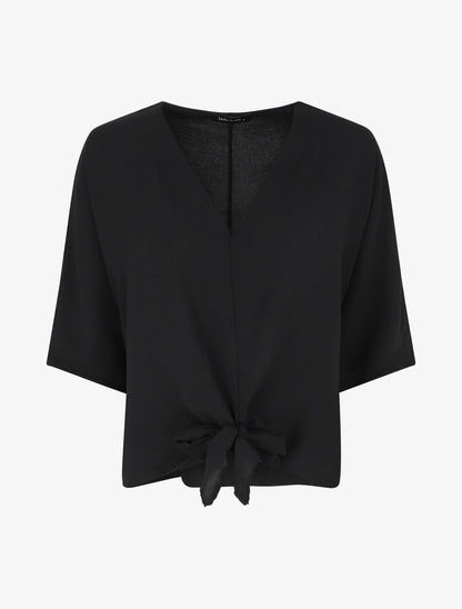 Blouse ample unie à liens à nouer - Noir - 1