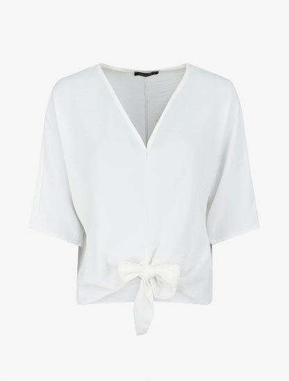 Blouse ample unie à liens à nouer - Blanc - 4