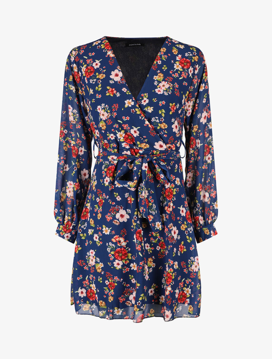 Robe cache-coeur à imprimé fleuri - Bleu - 1