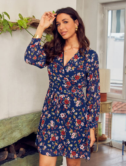 Robe cache-coeur à imprimé fleuri - Bleu - 4