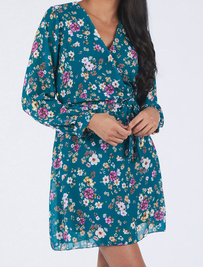 Robe cache-coeur à imprimé fleuri - Bleu canard - 4