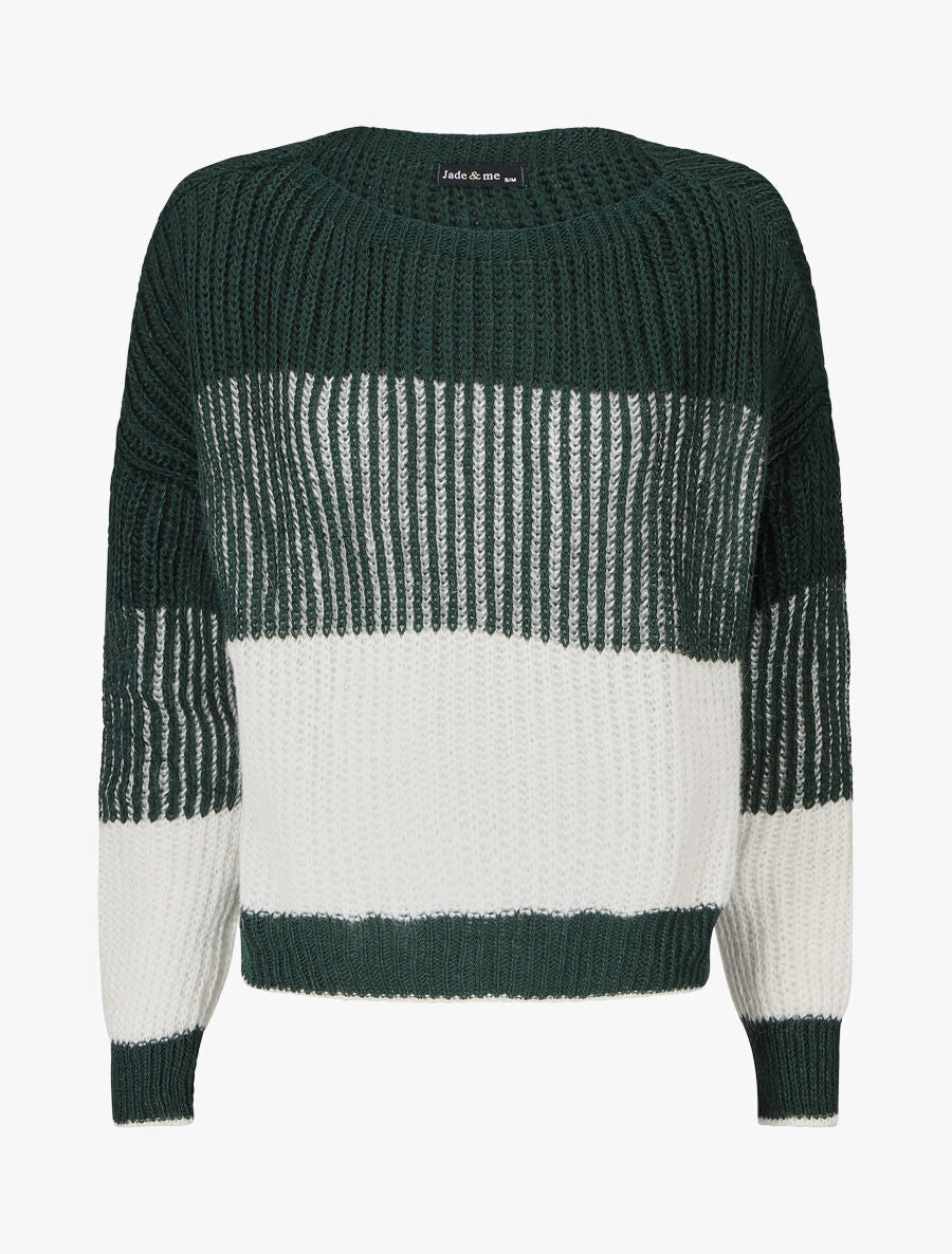 Pull en grosse maille bicolore - Vert sapin - 1