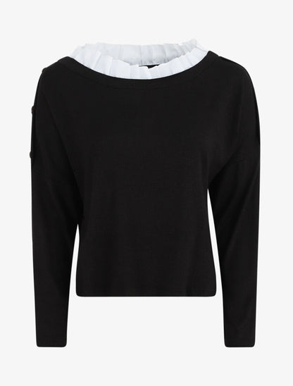 Pull droit à col volanté - Noir - 1