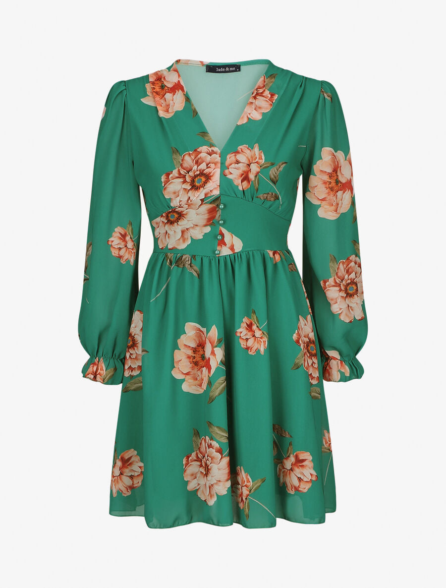 Robe courte patineuse imprimé grandes fleurs - Vert - 1