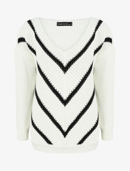 Pull en maille imprimé rayures en V - Blanc - 4