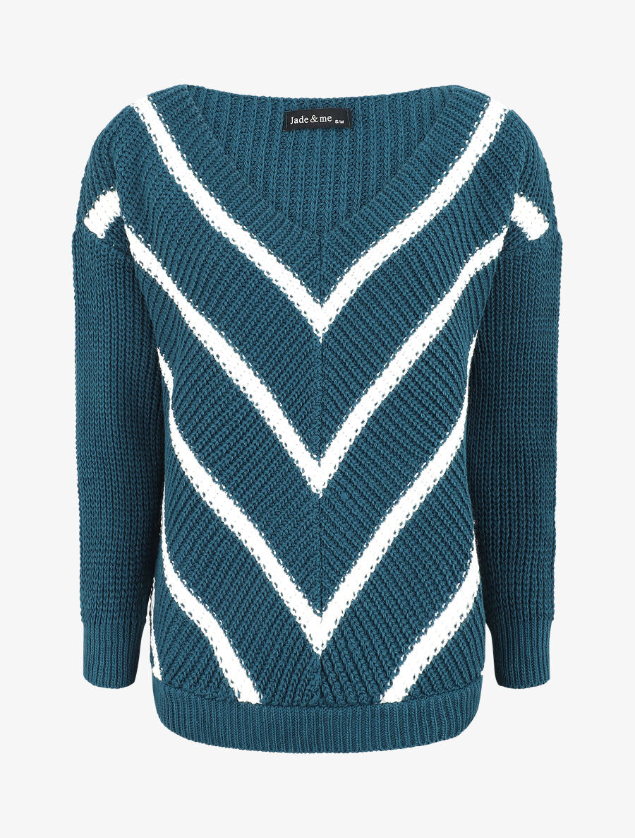 Pull en maille imprimé rayures en V - Bleu canard - 5