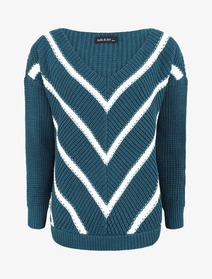 Pull en maille imprimé rayures en V - Bleu canard - 5