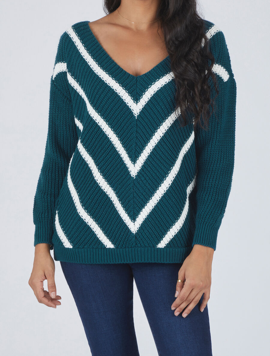 Pull en maille imprimé rayures en V - Bleu canard - 4