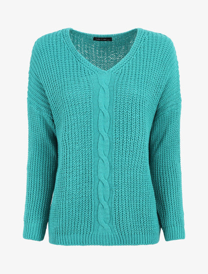 Pull uni à col V et torsade - Turquoise - 1