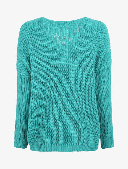 Pull uni à col V et torsade - Turquoise - 2