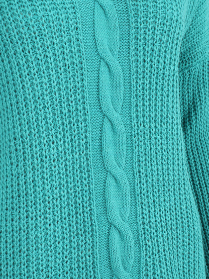 Pull uni à col V et torsade - Turquoise - 3