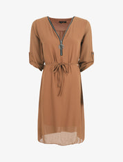 Robe en voile à col V zippée - Camel - 1