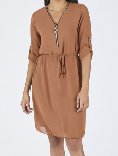Robe en voile à col V zippée - Camel - 4