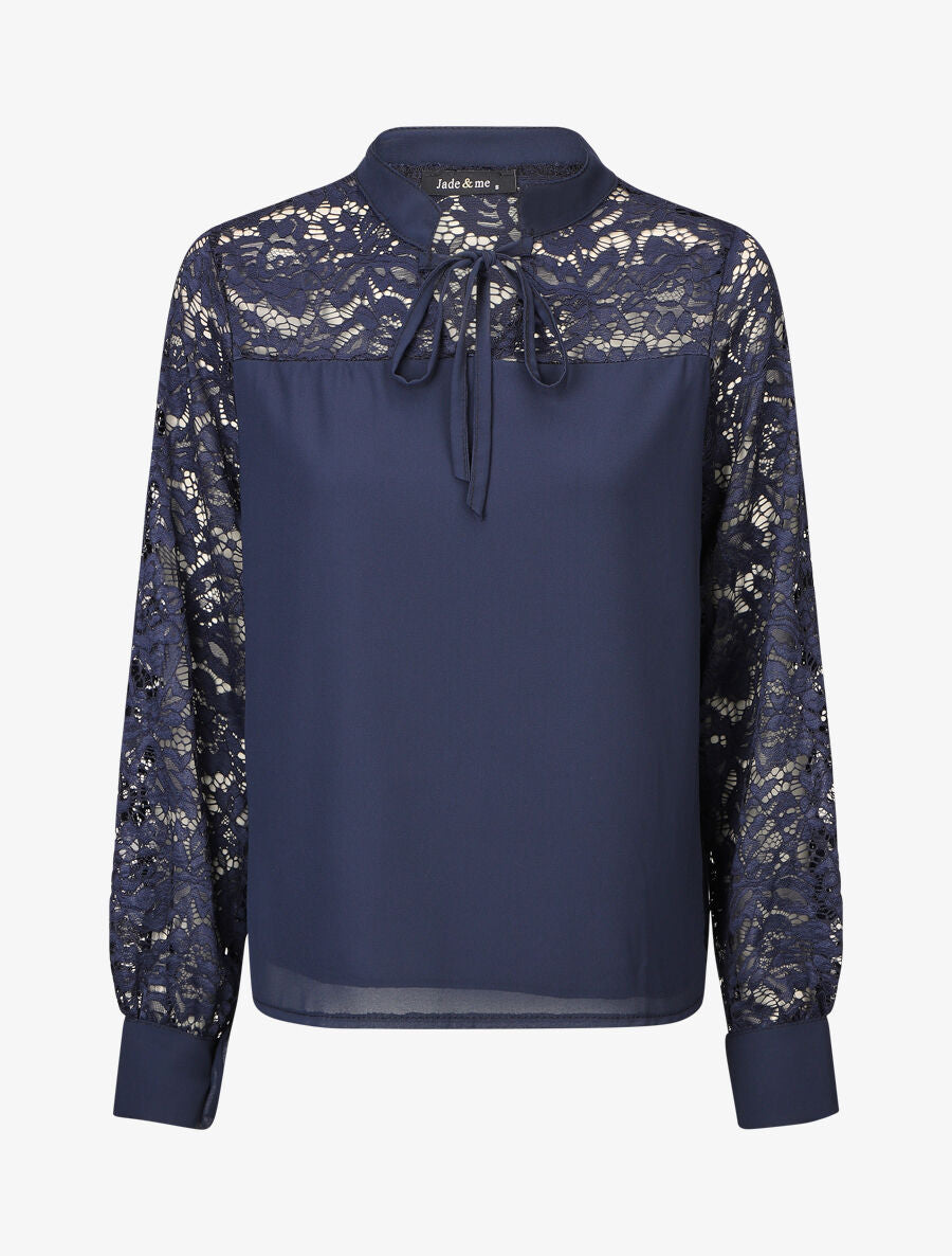 Blouse à manches longues ajourées en dentelle - Marine - 5